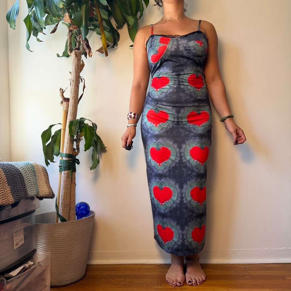 Y2K Boho Whimsy Red Heart Tie Dye Maxi Slip Dress Grey Large Alt Grunge 90s